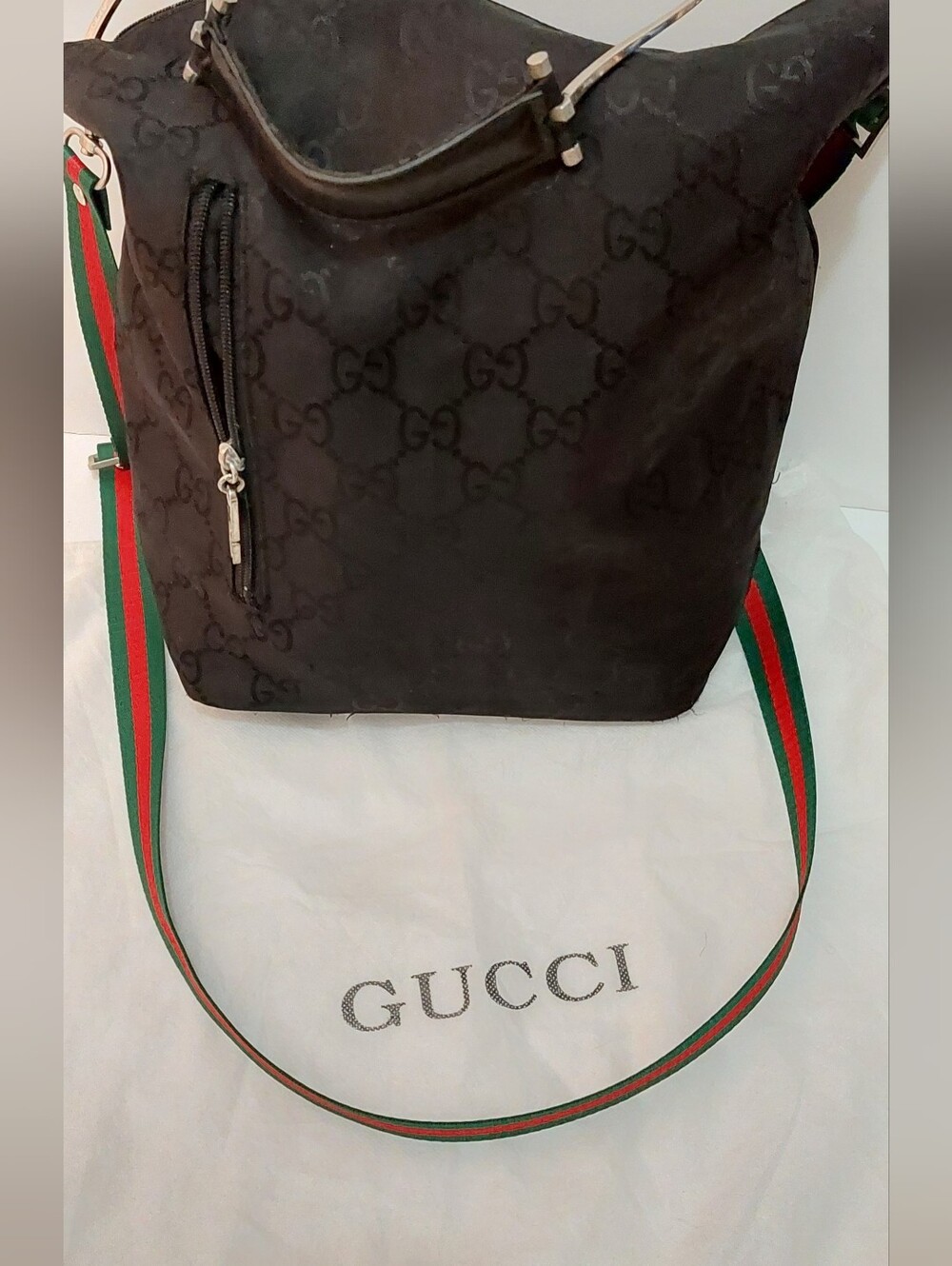 SALE  Black Monogram Bucket Bag Metal Shoulder Strap + Green-Red Crossbody Stap